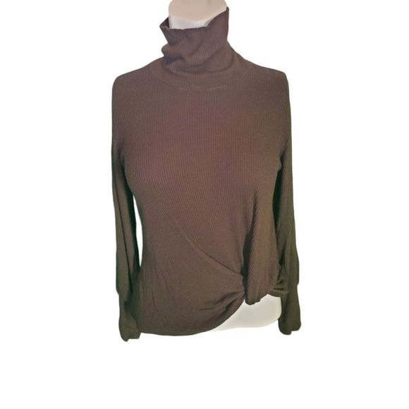 Fifteen Twenty Brown Ribbed Twist Front Turtleneck Top Soft Asymmetric sz XS - Picture 1 of 6